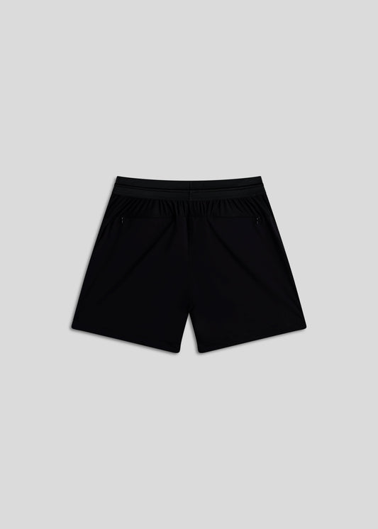 Black hyper-breathable active shorts with elastic drawstring waistband for running and training.