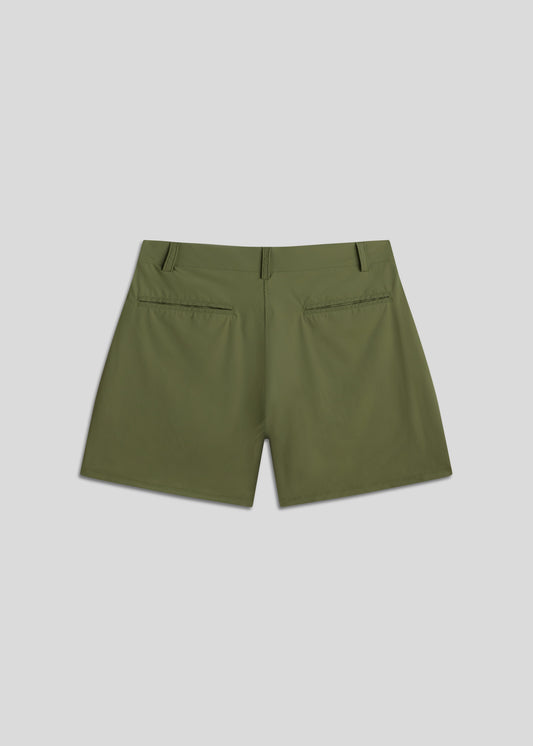 Olive golf walk shorts made from ultra-lightweight, four-way stretch fabric.