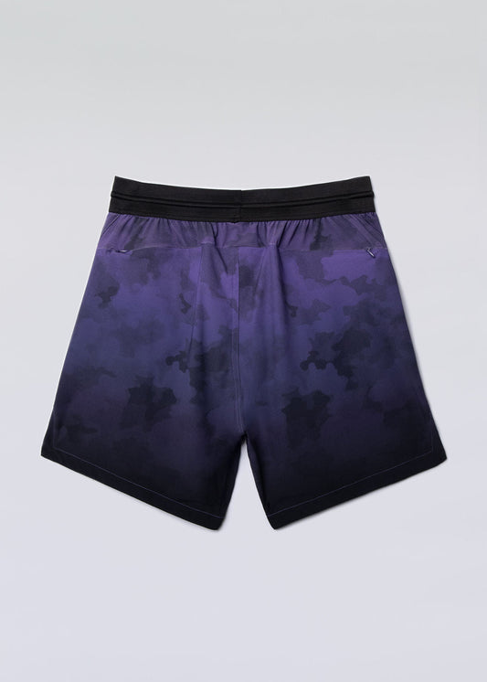 Hyper-breathable purple camo active shorts with zippered pockets for athletic training.