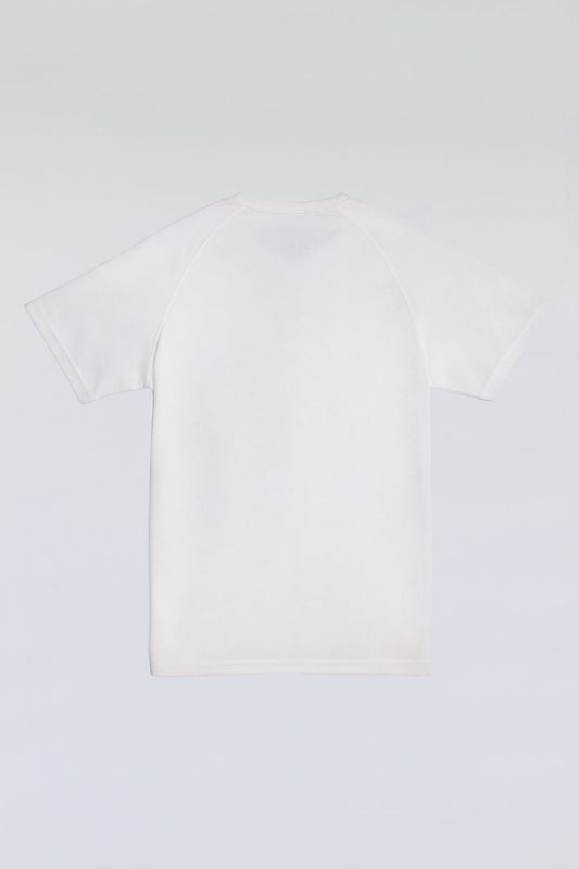 White 3-button polo tee with modern sport collar, breathable micro-mesh for active wear.