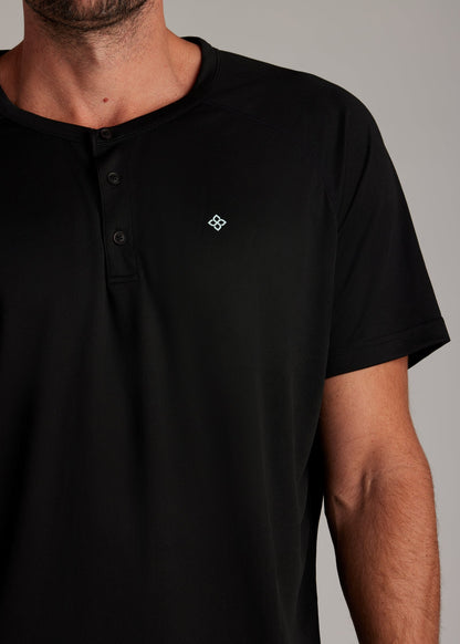 Black 3-button polo shirt crafted from breathable micro-mesh fabric for active sports.