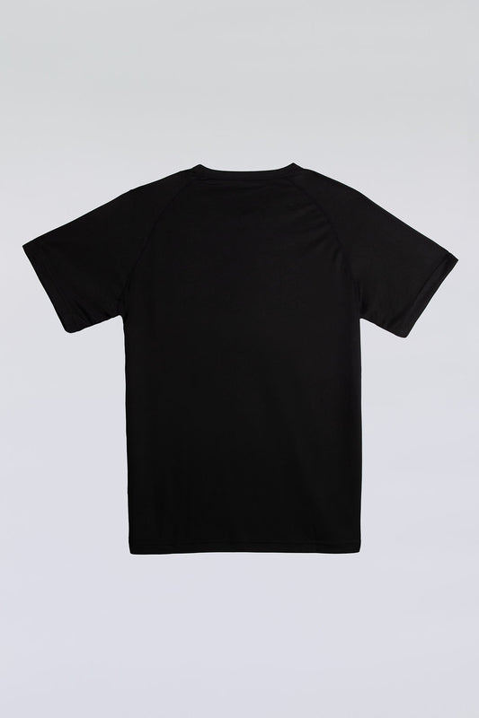 Black 3-button sport tee with modern collar, breathable micro-mesh fabric for active wear.