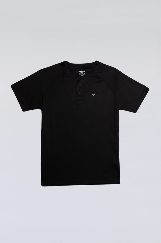 Black 3-button sport tee with modern collar, breathable micro-mesh fabric for active wear.