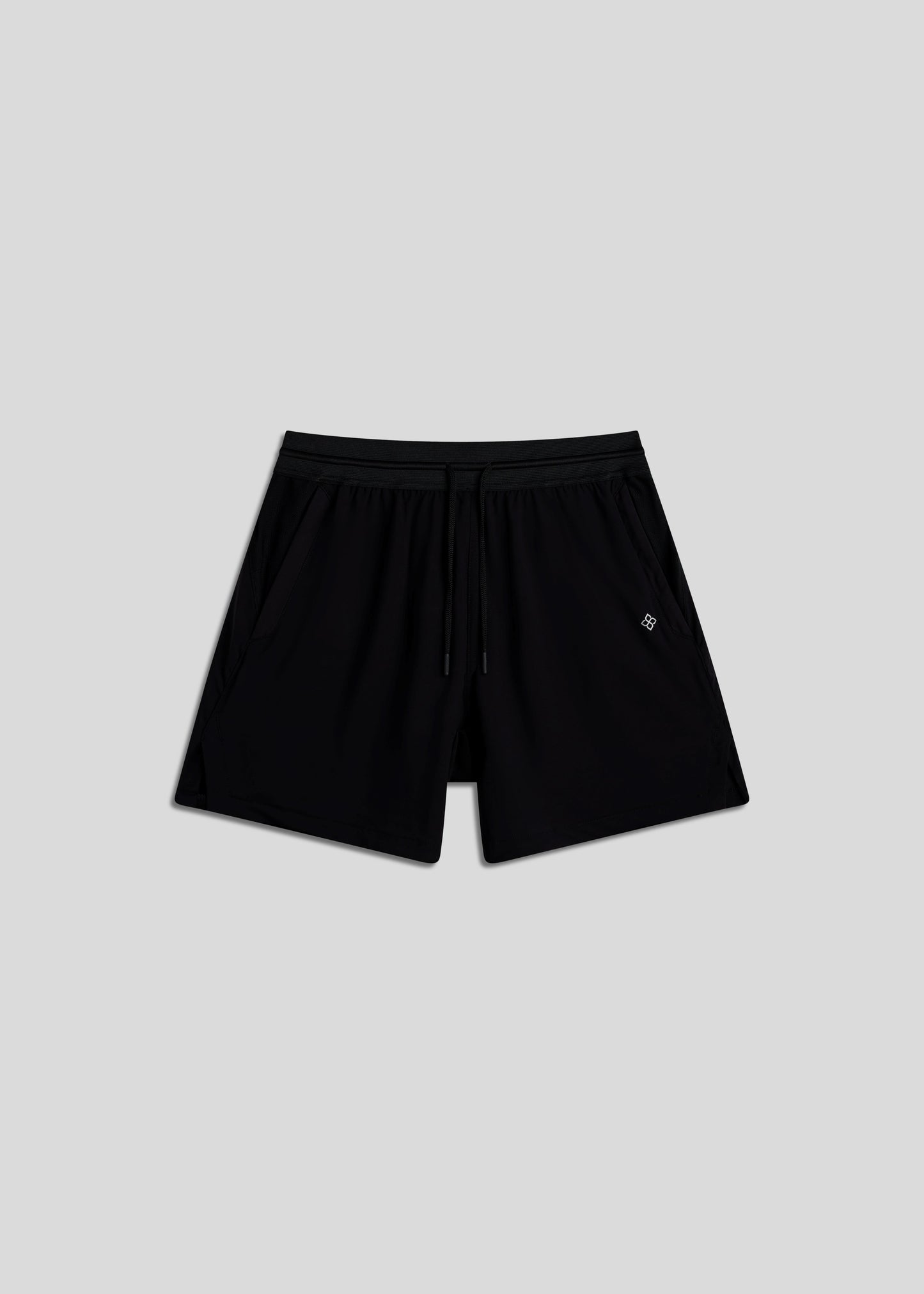 Black hyper-breathable active shorts with elastic drawstring waistband for running and training.