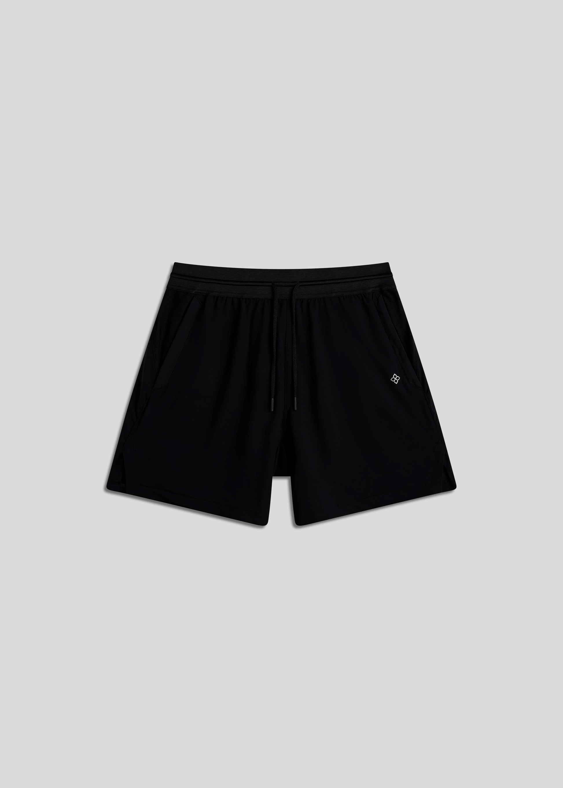 Black hyper-breathable active shorts with elastic drawstring waistband for running and training.