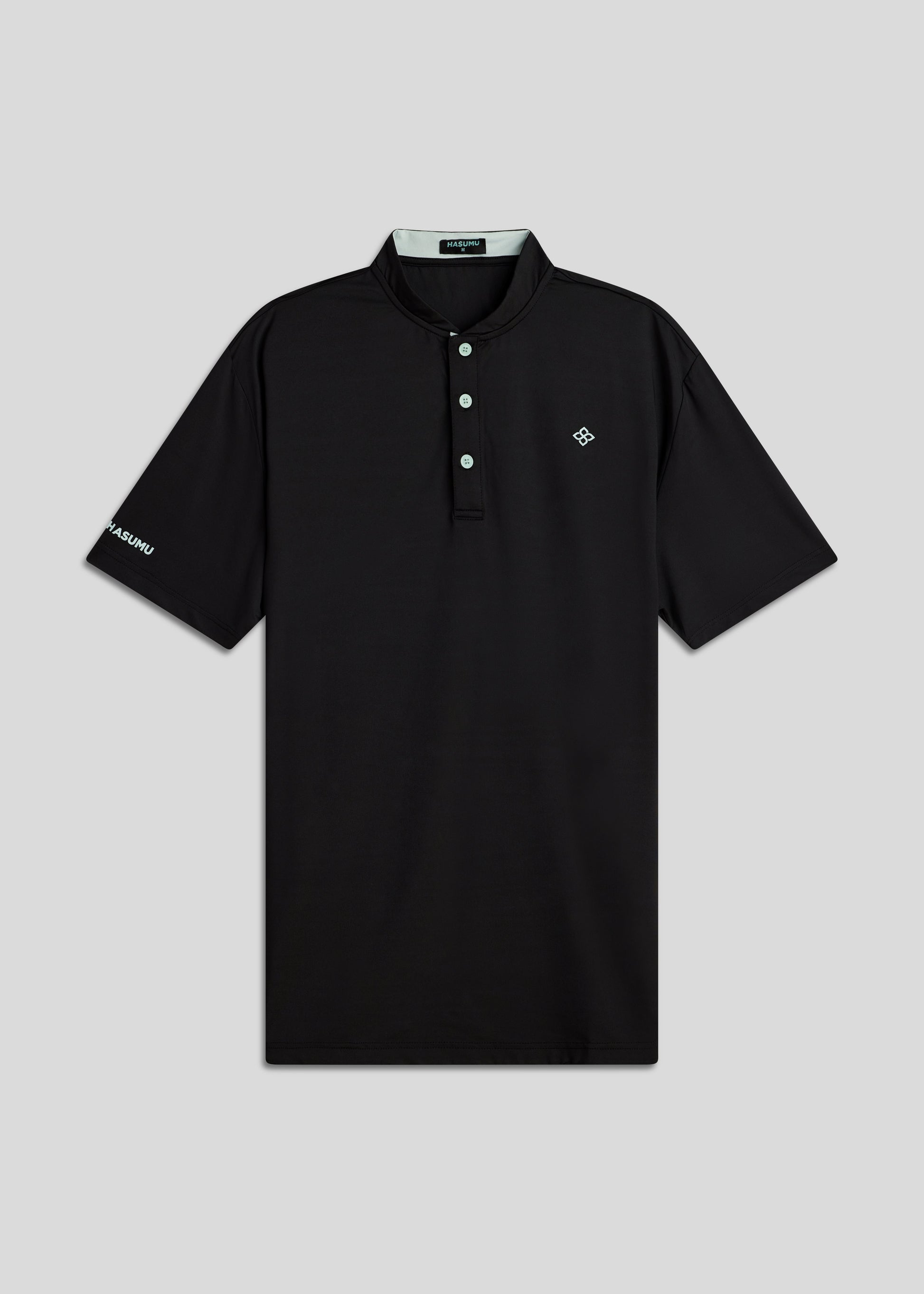 Black bladed collar performance polo shirt offering style, comfort, and functionality.