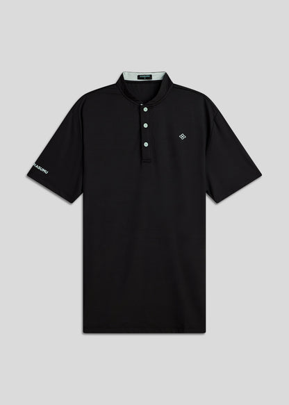 Black bladed collar performance polo shirt offering style, comfort, and functionality.