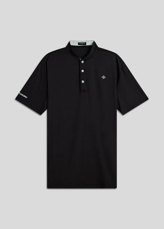 Black bladed collar performance polo shirt offering style, comfort, and functionality.