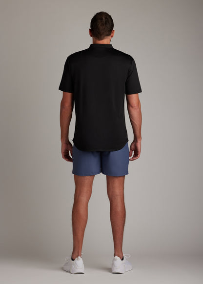 Black bladed collar polo shirt crafted from sleek performance fabric for modern style.