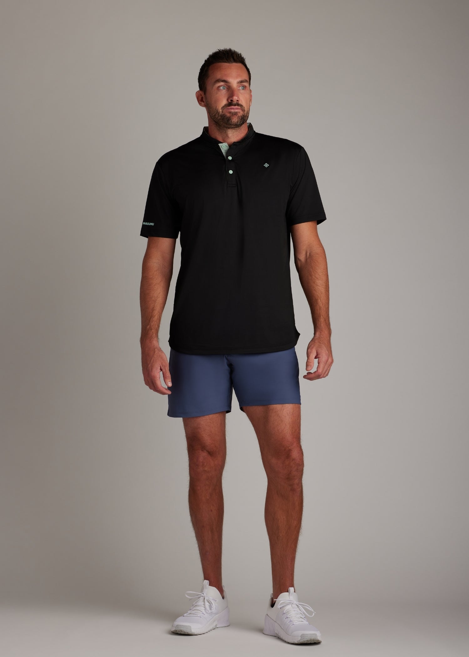 Black bladed collar polo shirt designed for ultimate style, performance, and comfort.