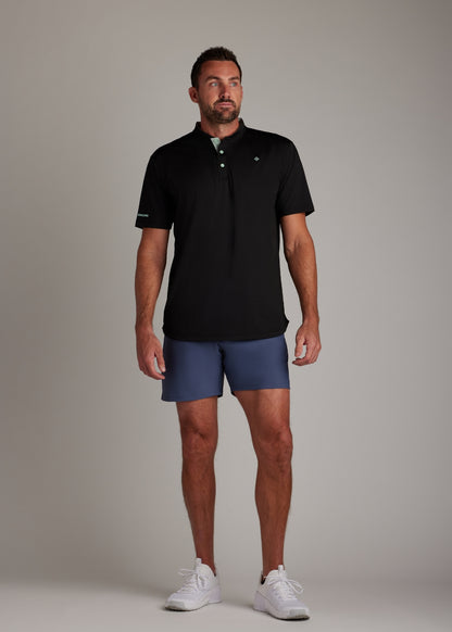 Black bladed collar polo shirt designed for ultimate style, performance, and comfort.