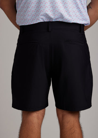 Black ultra-lightweight four-way stretch golf walk shorts, perfect for active wear.