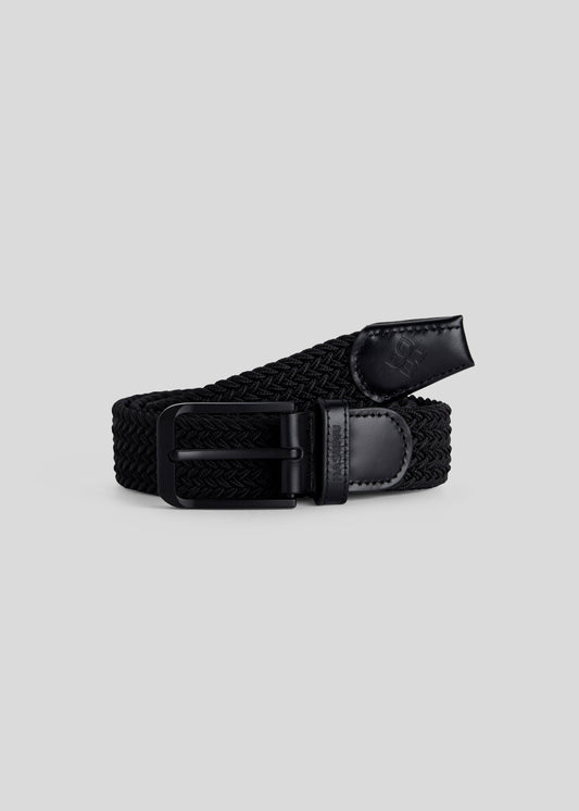 Black knitted pin buckle belt featuring a unique design for durability and flexible wear.