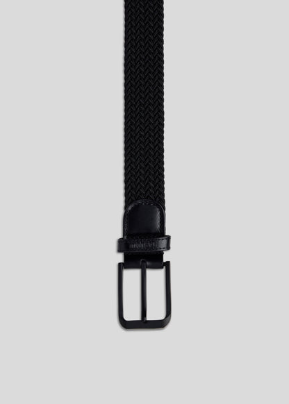 Black knitted pin buckle belt featuring a unique design for durability and flexible wear.