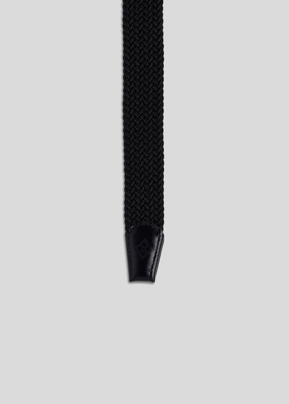 Black knitted pin buckle belt featuring a unique design for durability and flexible wear.