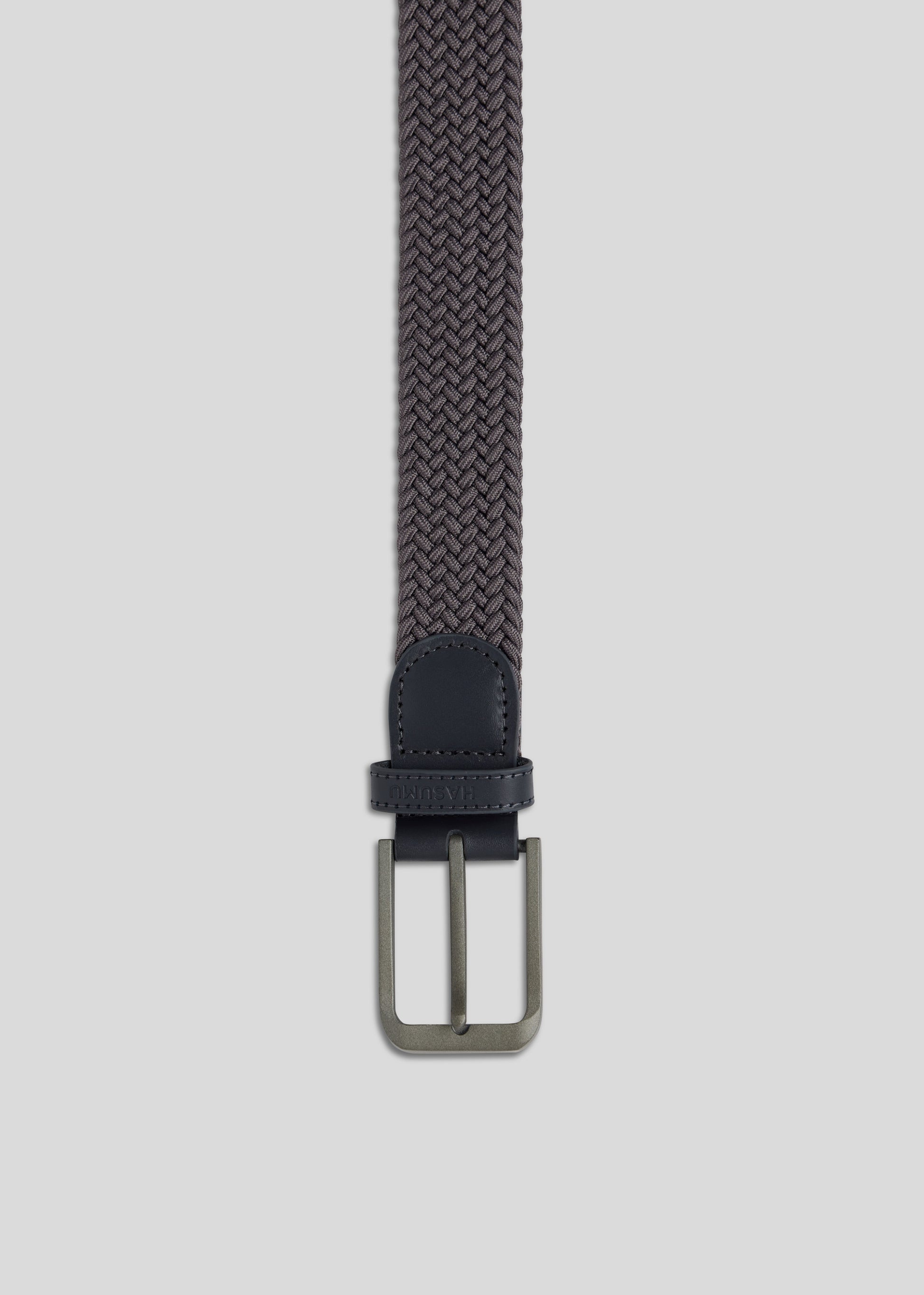 Charcoal knitted pin buckle belt with a unique flexible design for versatile styling.