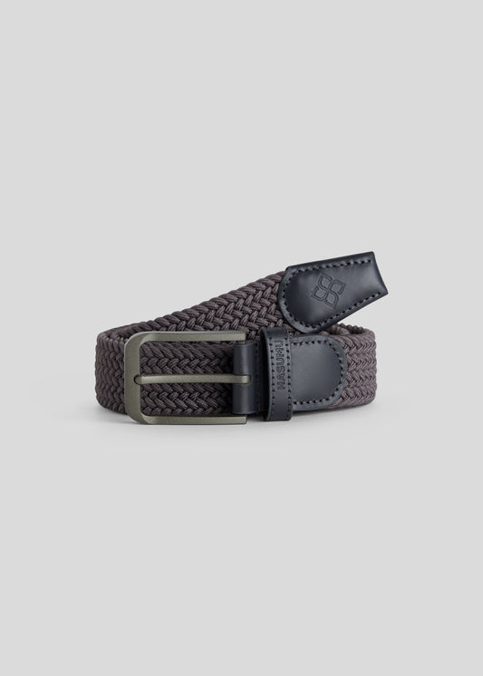 Charcoal knitted pin buckle belt, offering a unique blend of durability and flexibility.