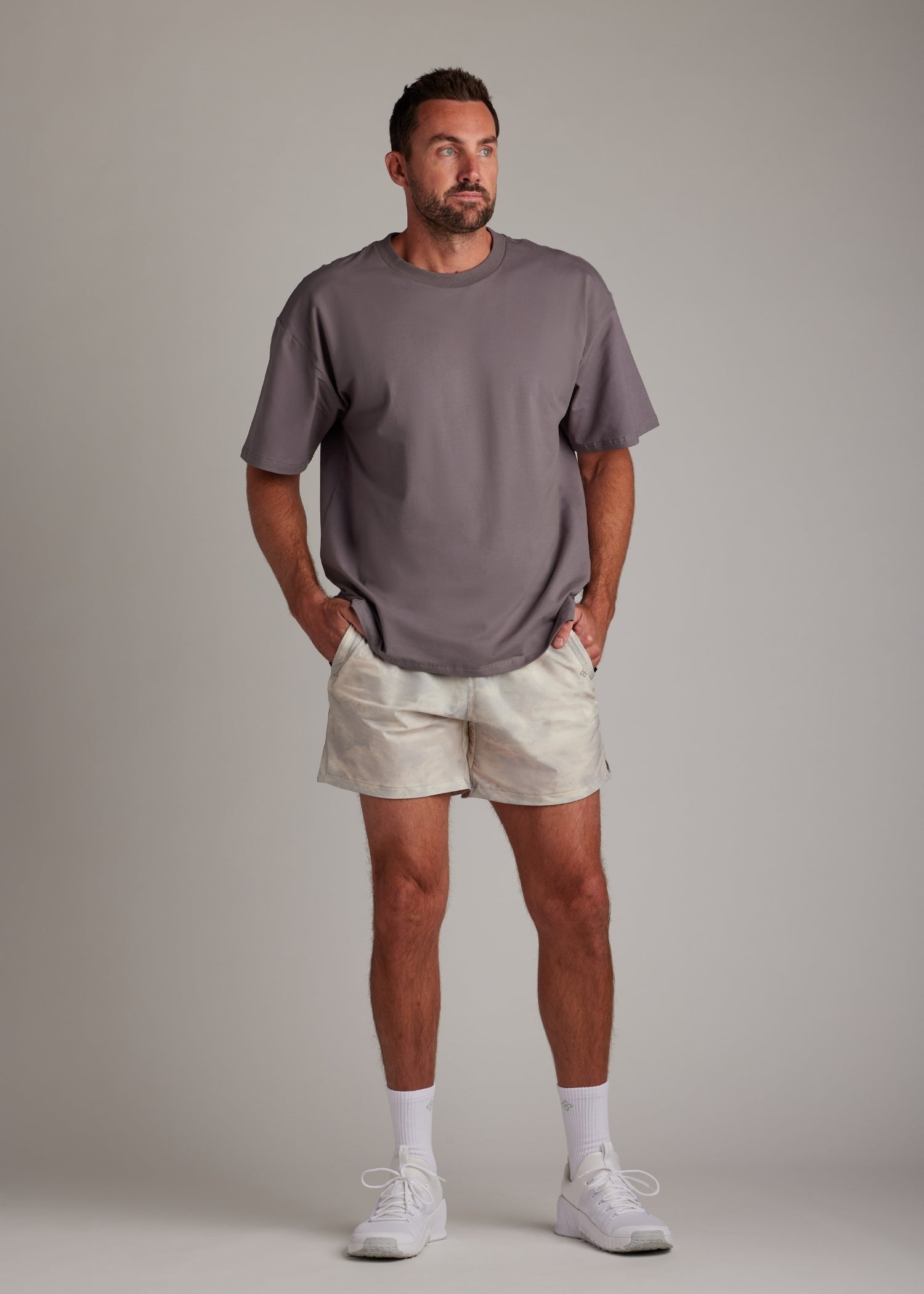Cream Smoke active shorts designed with hyper-breathable fabric for ultimate comfort.