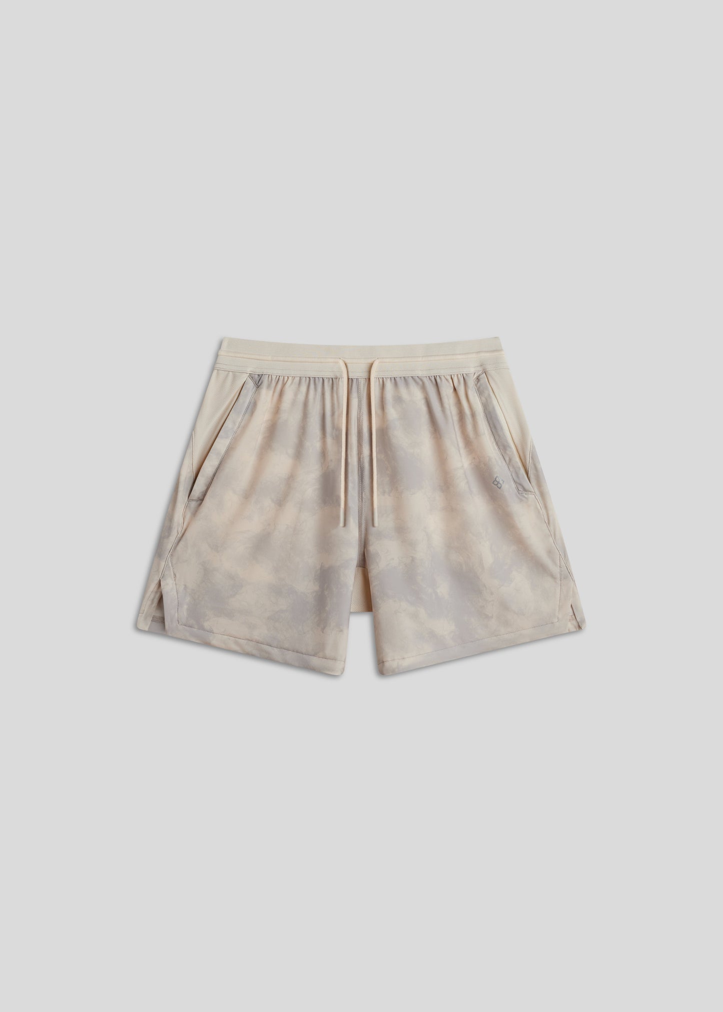 Cream smoke hyper-breathable active shorts with elasticated drawstring waistband for running.