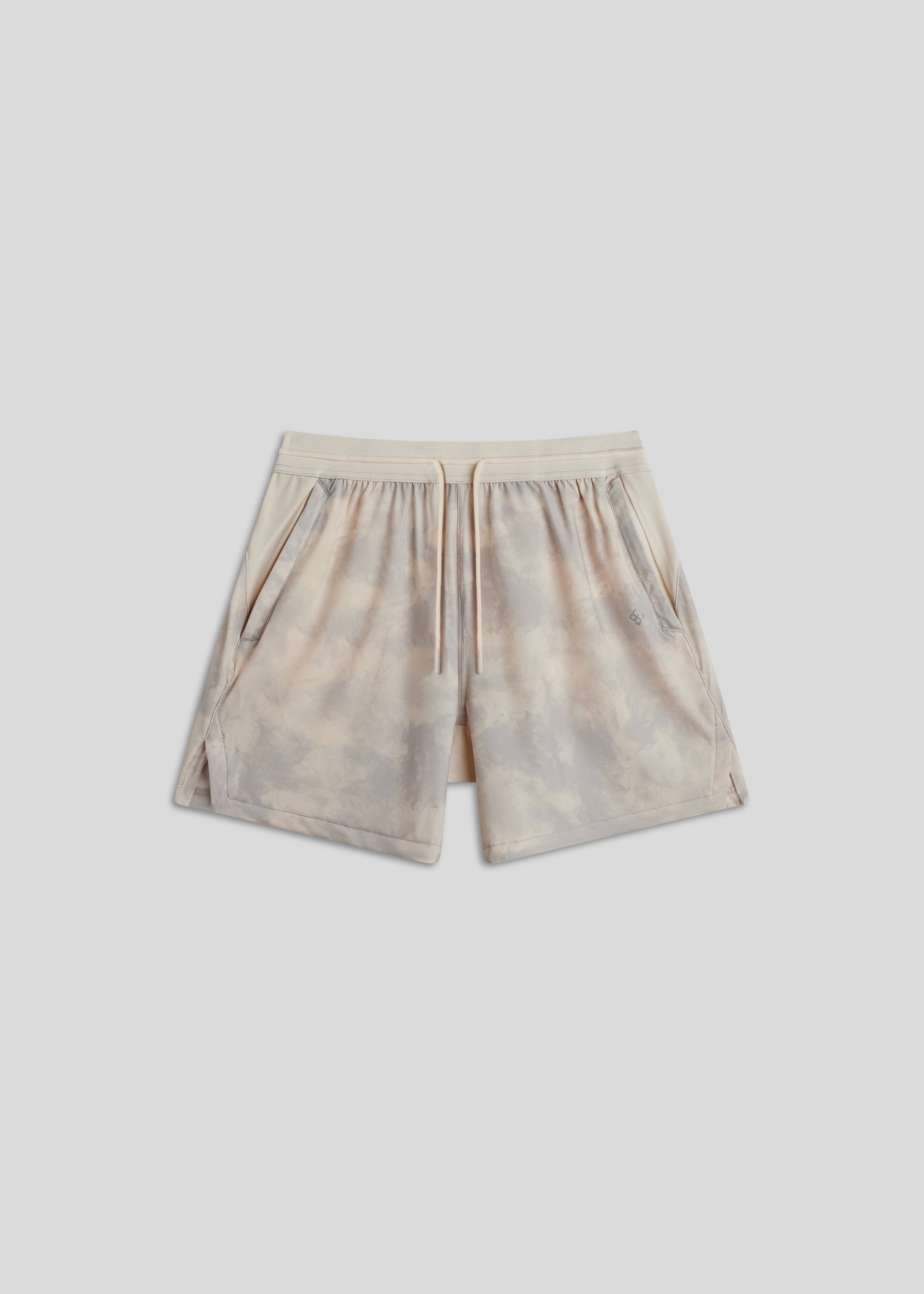 Cream smoke hyper-breathable active shorts with elasticated drawstring waistband for running.