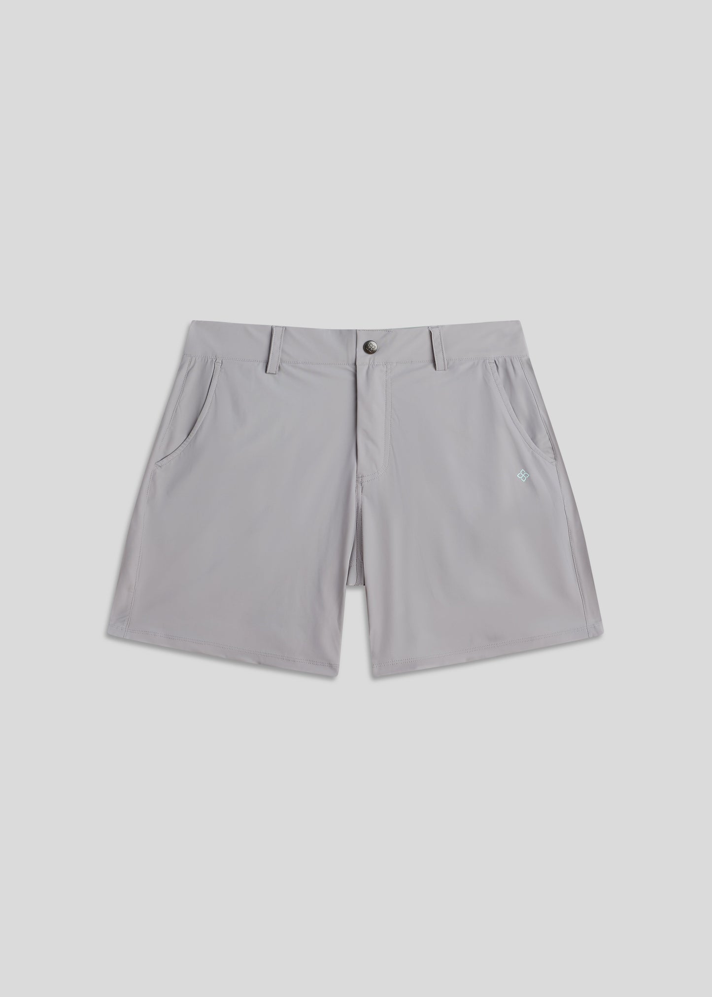 Light grey golf walk shorts crafted from ultra-lightweight four-way stretch fabric for comfort.