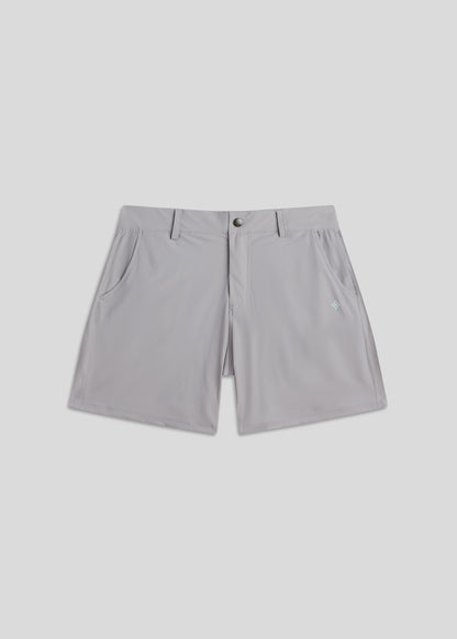 Light grey golf walk shorts crafted from ultra-lightweight four-way stretch fabric for comfort.