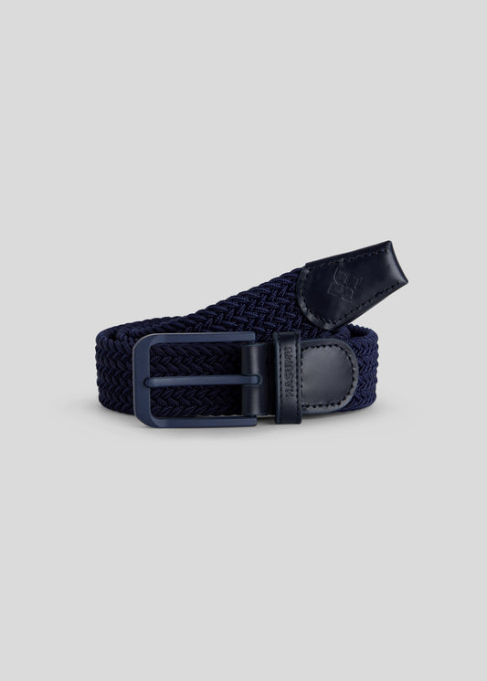 Navy knitted pin buckle belt with a unique flexible design for style and durability.