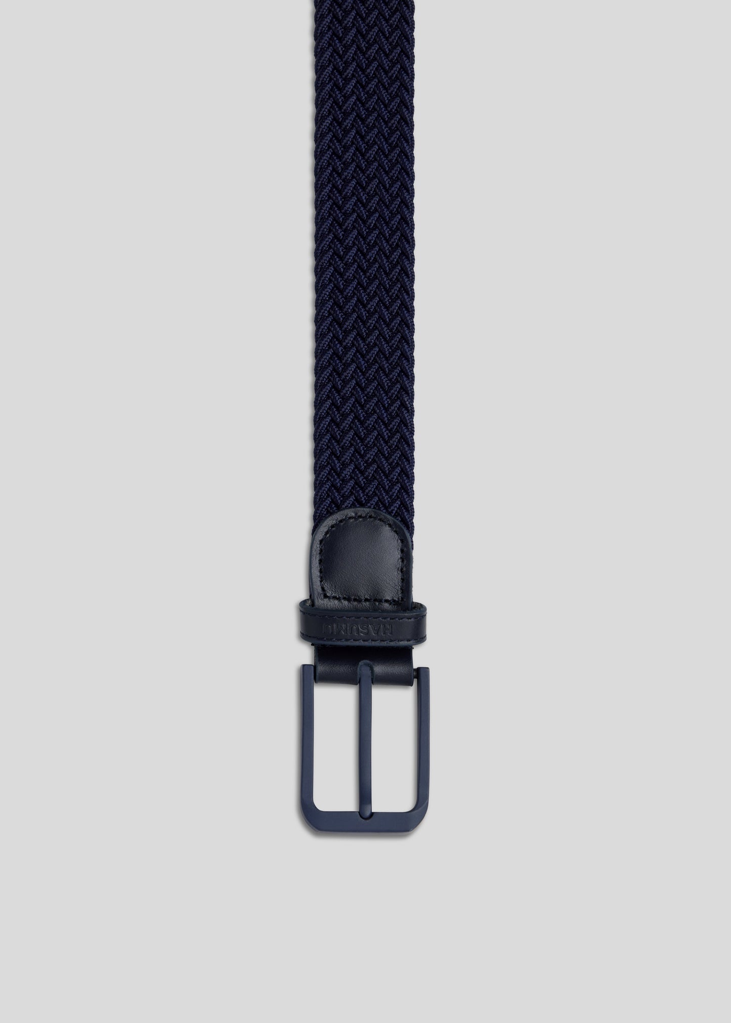 Stylish navy knitted belt with a pin buckle, offering durability and flexible wear.