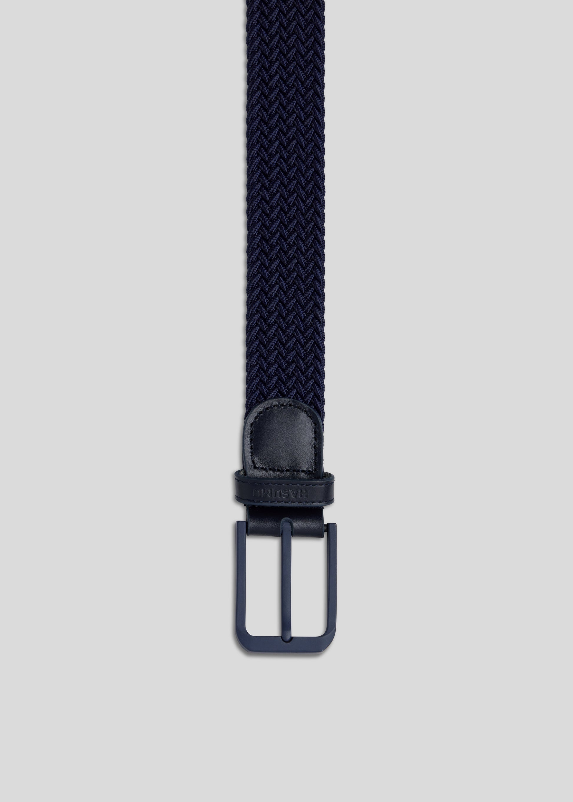 Stylish navy knitted belt with a pin buckle, offering durability and flexible wear.