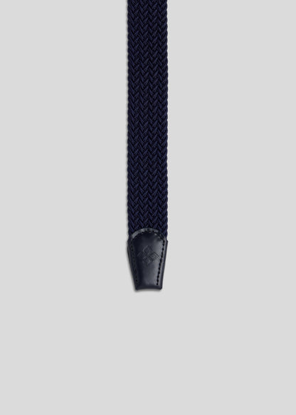 Functional navy knitted belt with a classic pin buckle for versatile everyday style.