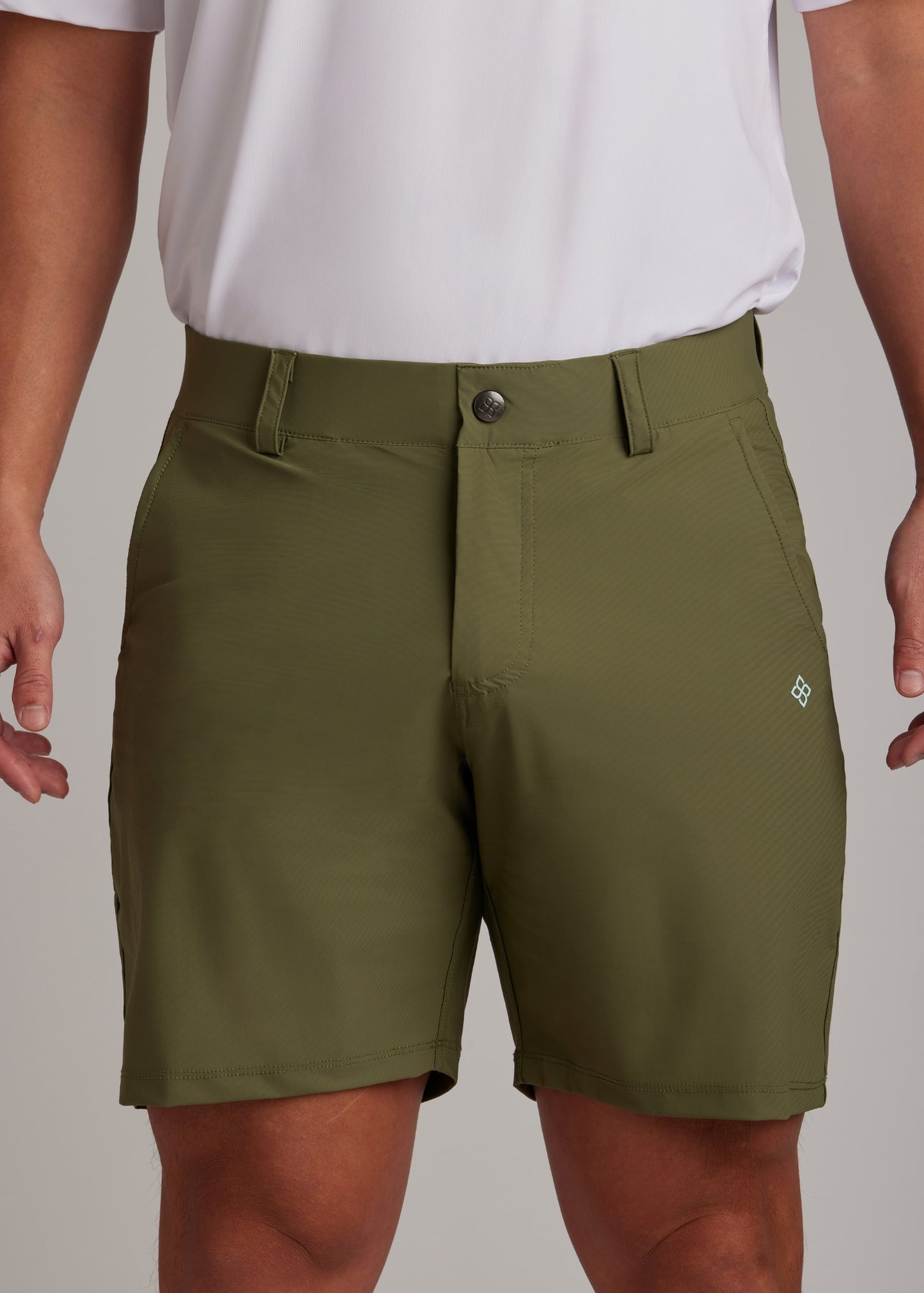 Olive golf walk shorts made from ultra-lightweight, four-way stretch fabric.