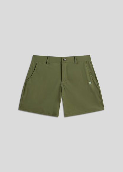 Olive walk shorts for modern athletes, featuring ultra-lightweight, four-way stretch fabric.