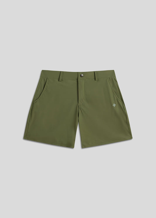 Olive walk shorts for modern athletes, featuring ultra-lightweight, four-way stretch fabric.