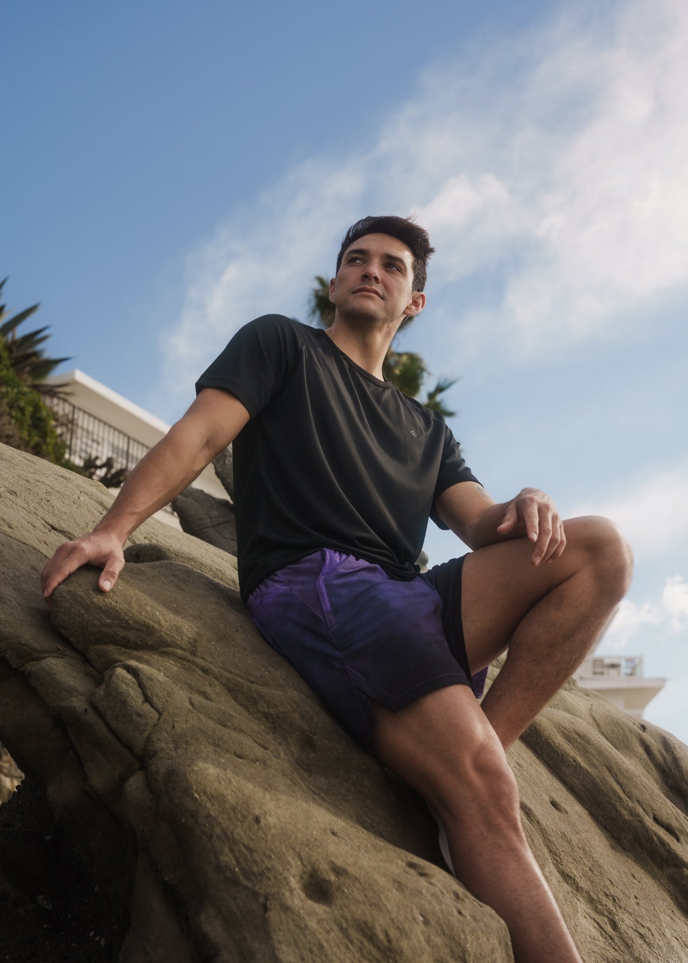 Purple camo active shorts, hyper-breathable for running and training.