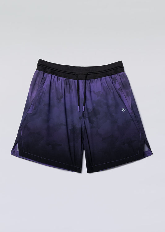 Purple camo active shorts with hyper-breathable fabric, elasticated drawstring waistband for running and training.