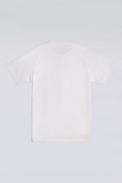 White 3-button polo tee with modern sport collar, breathable micro-mesh for active wear.