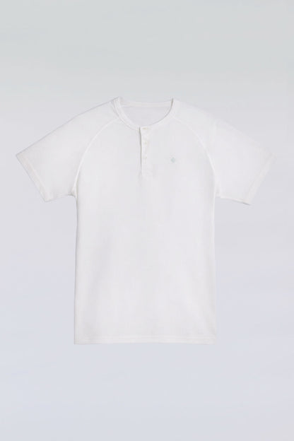 White 3-button polo tee with modern sport collar, breathable micro-mesh for active wear.