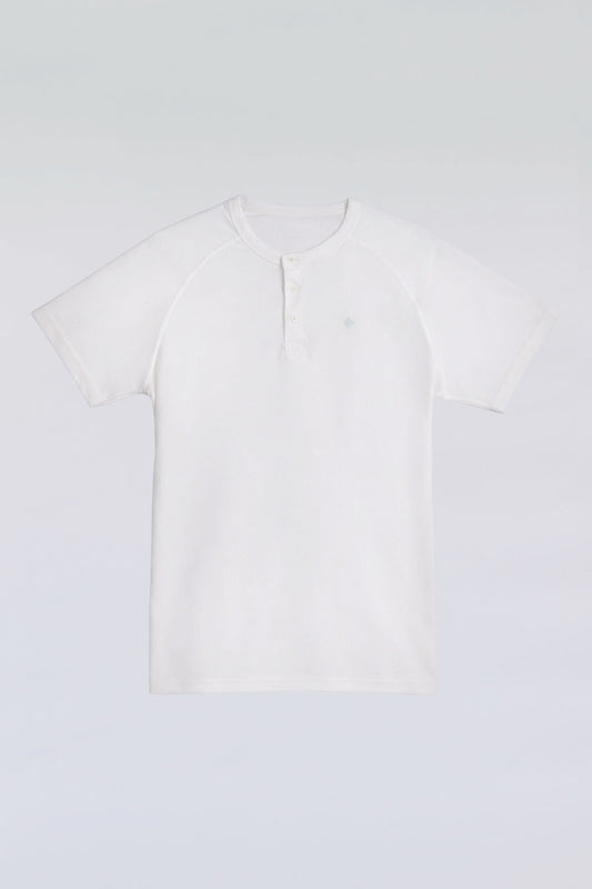 White 3-button polo tee with modern sport collar, breathable micro-mesh for active wear.