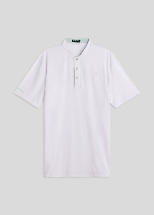 White bladed collar polo shirt crafted from sleek performance fabric for modern style.