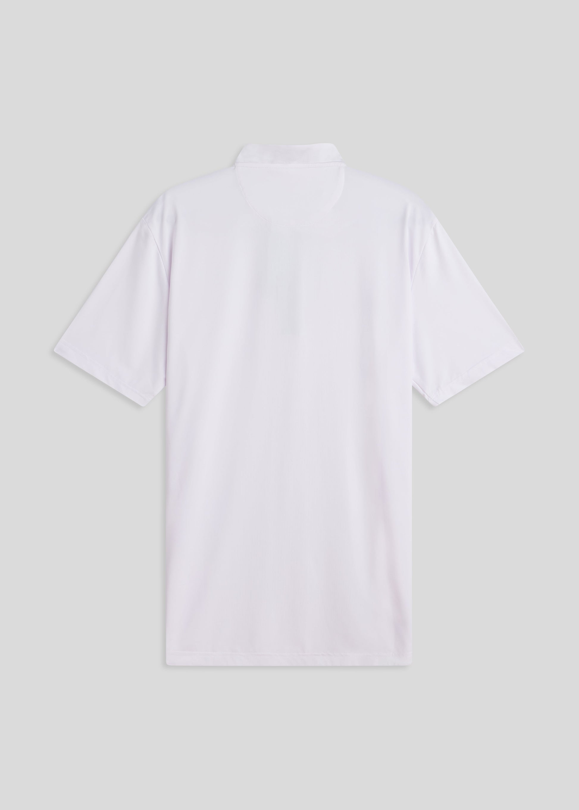 White bladed collar polo shirt, sleek performance fabric for modern athletic style.