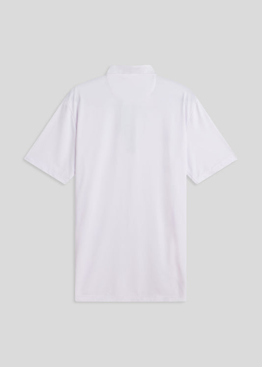 White bladed collar polo shirt, sleek performance fabric for modern athletic style.